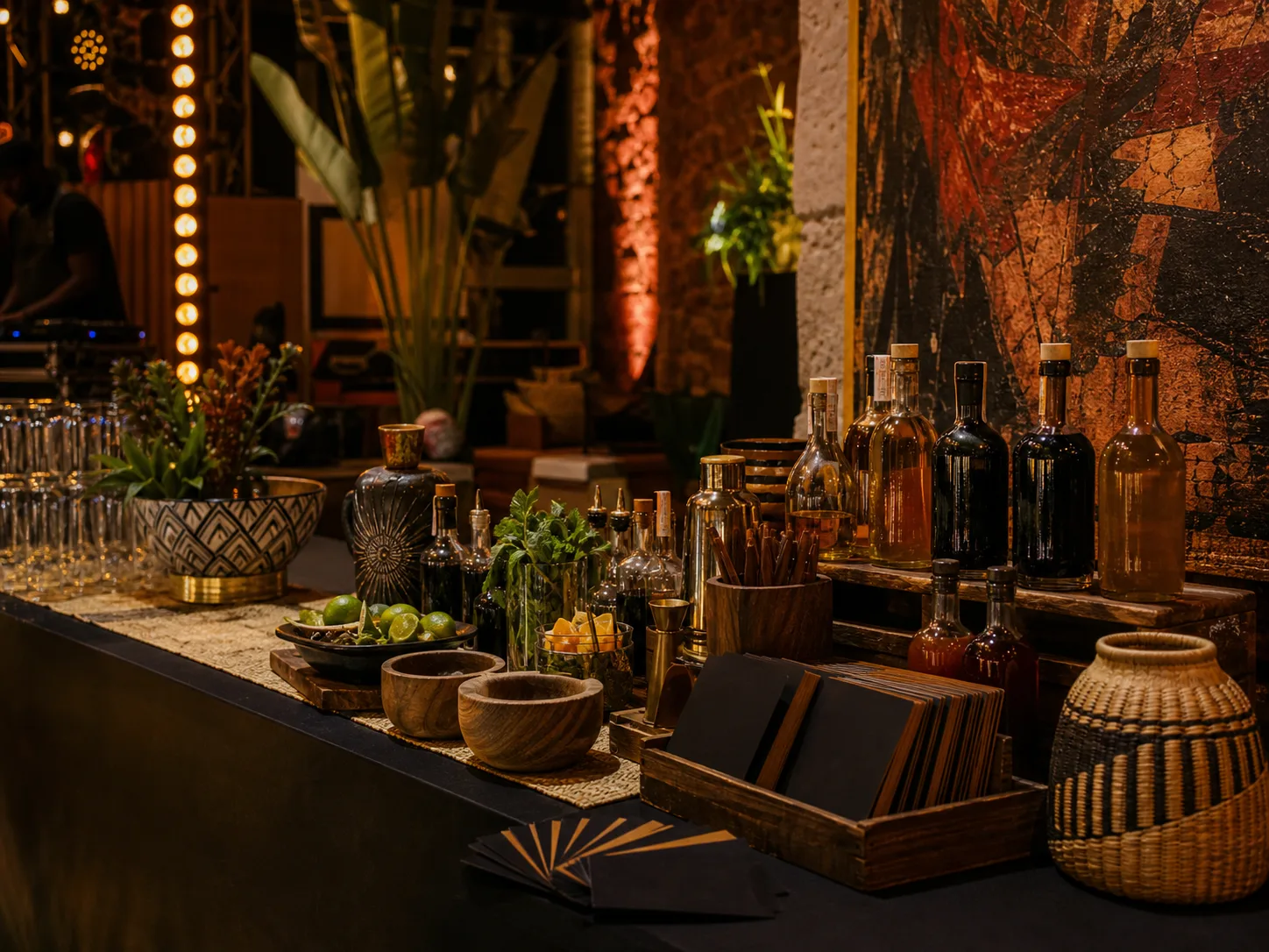 Culture-led Nairobi brand activation setup with bar tools and warm lights