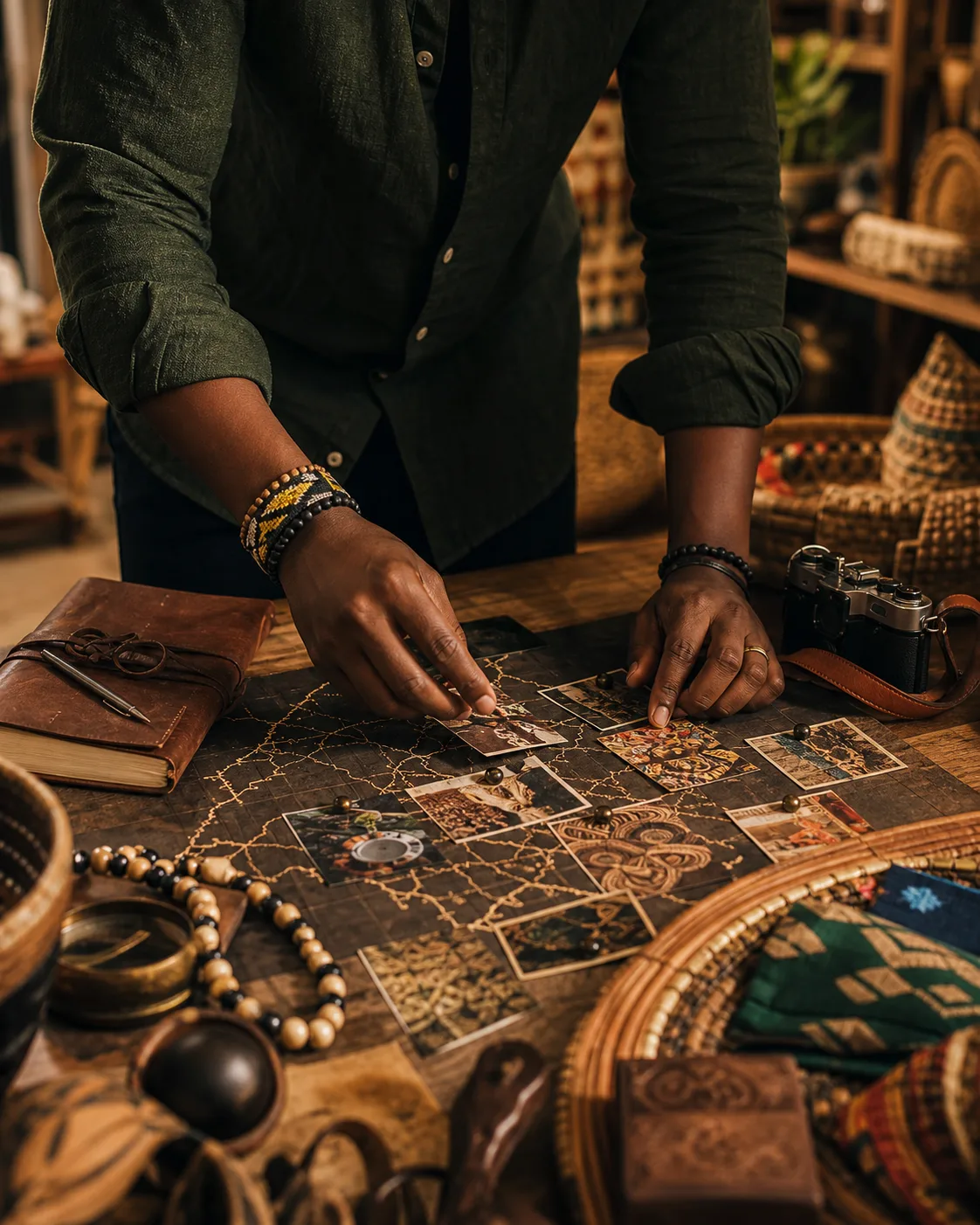 Non-identifying action image of a cultural experience curator arranging route materials