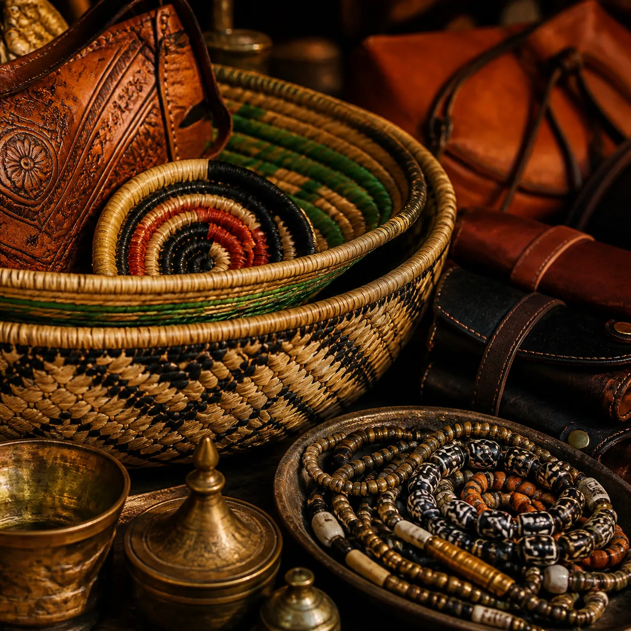 Warm Kenyan craft market textures for a Bespo.Ke cultural experience