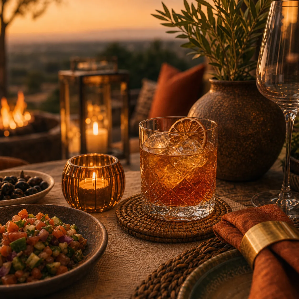 Private event table setting with cocktail and woven textures
