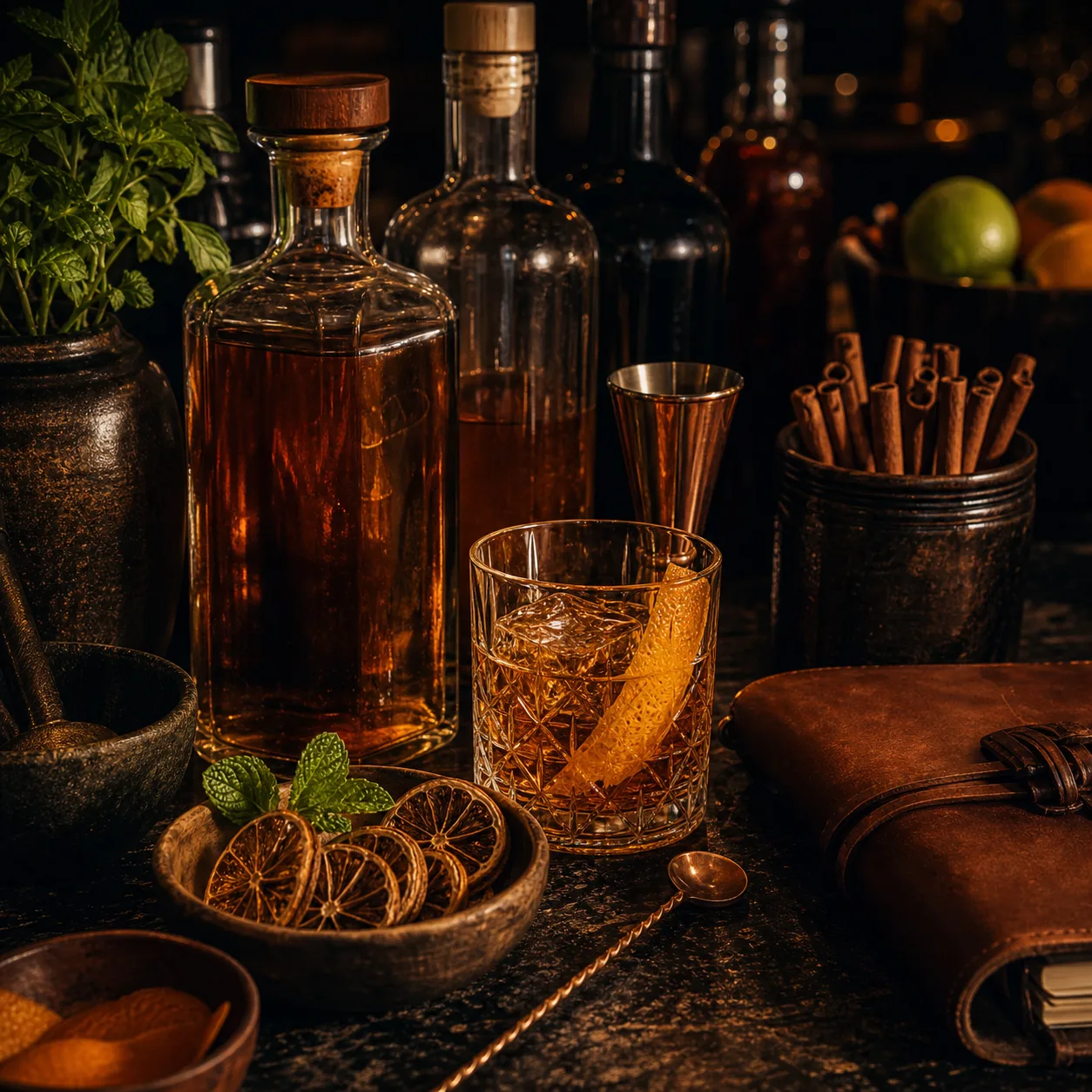 Kenyan spirits and cocktail tools on a dark textured bar
