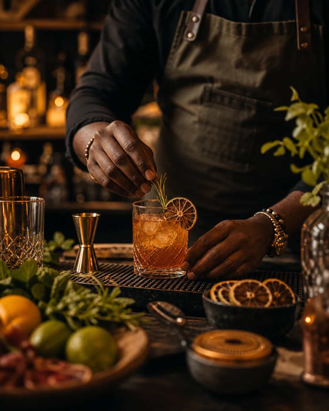 Non-identifying action image of a cocktail curator preparing a drink