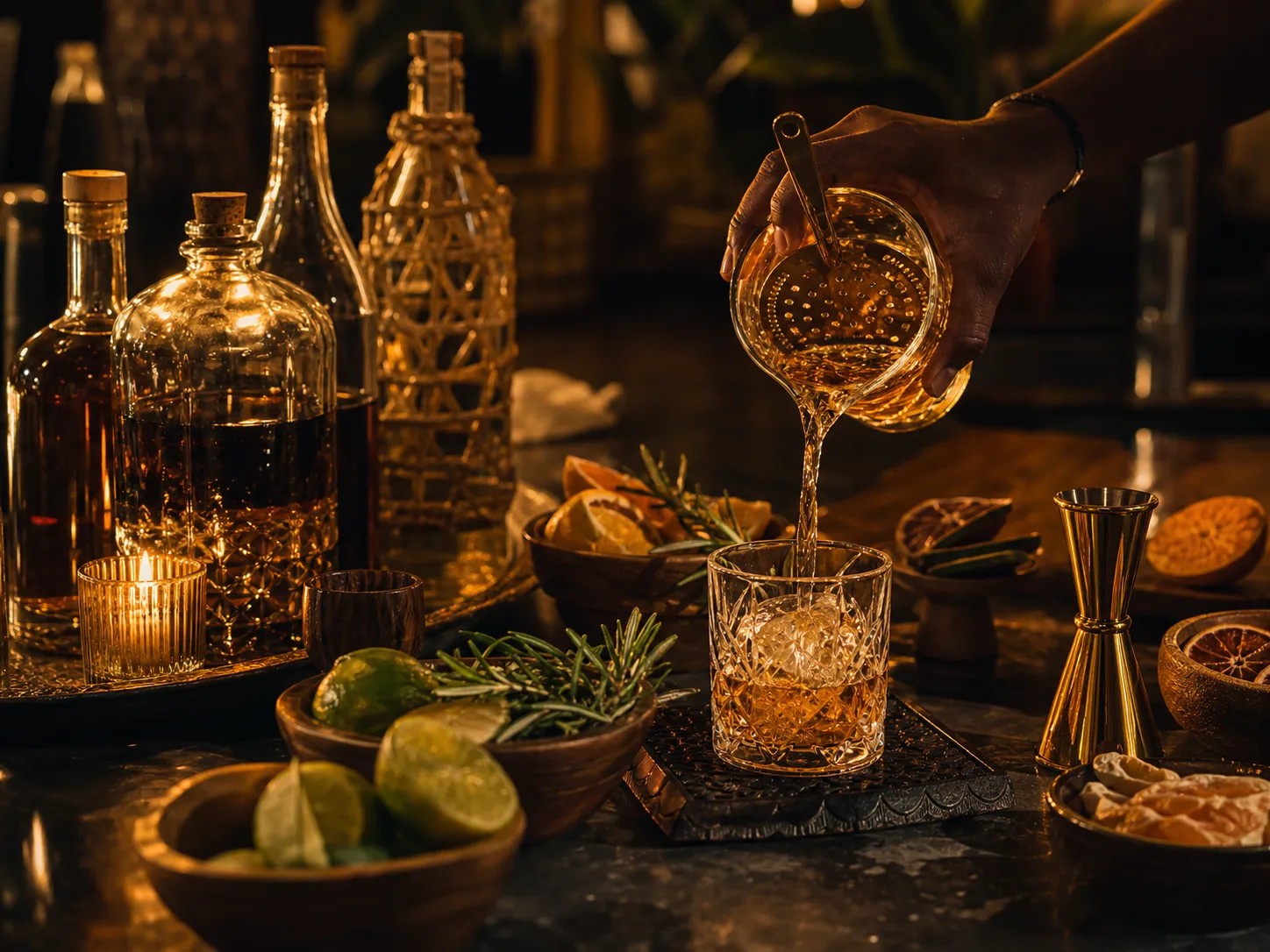 Private Kenyan spirits cocktail table with amber drink and bar tools