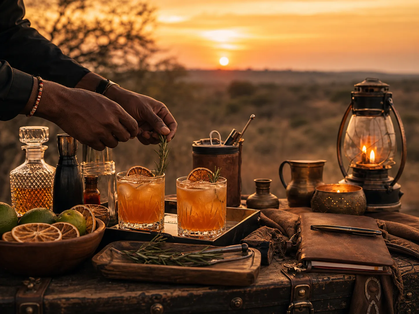 Safari sundowner cocktail setup with warm Kenyan landscape energy